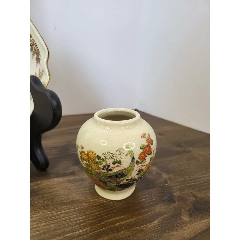 Vintage Japanese Satsuma Peacock Ceramic Inarco Vase Yamaji Plate Sato Gordon